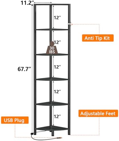 Furnulem 6 Tier Corner Shelf with LED Light Black