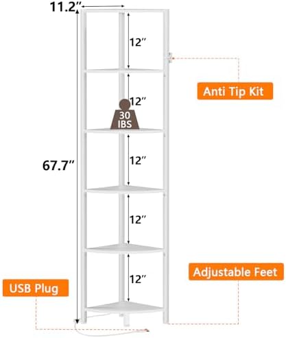 Furnulem 6 Tier Corner Shelf with LED Light White