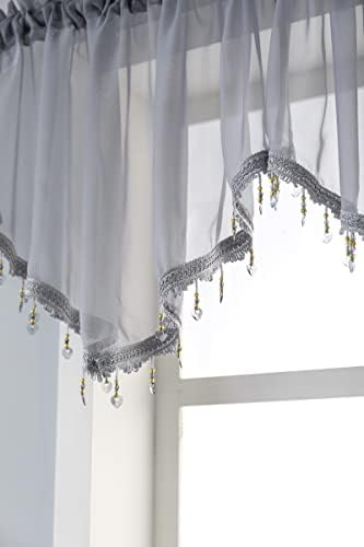 Beaded Sheer Curtain Valance for Bedroom Living Room 51x24 Inches Grey 1PC