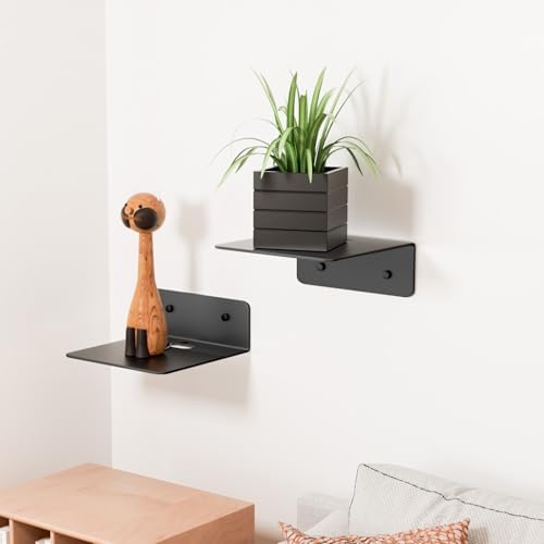 Small Floating Wall Shelves Set of 2 - Adhesive and Screw Mount Matte Black