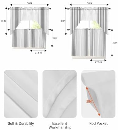 Grey White Stripes Swag Curtains 3 Piece Set for Kitchen Living Room