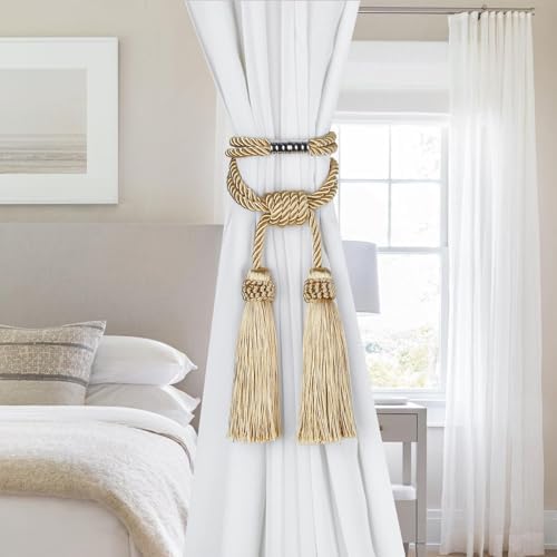 Fenghuangwu Magnetic Curtain Tiebacks 2 Pack Gold Tassel Holdback