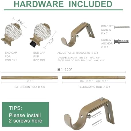 Adjustable Curtain Rods 1 Inch Diameter with Wood Grain Finials