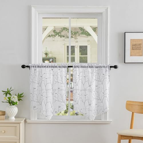 Beda Home Tassel Embroidery Sheer Curtain Valance - Grey 26x24 1 Pair