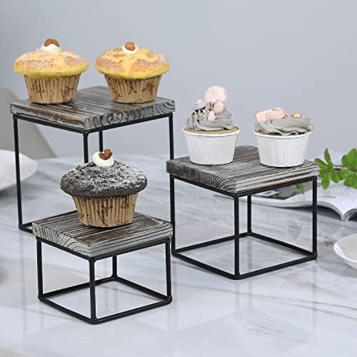 MyGift Rustic Torched Wood Cupcake Stand Risers Set