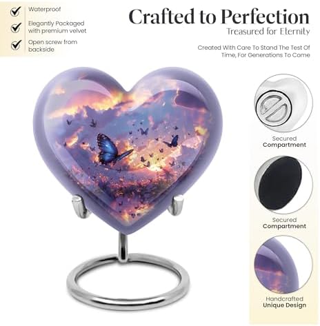 Twilight Butterflies Small Heart Urn - Purple Cremation Keepsake for Human Ashes