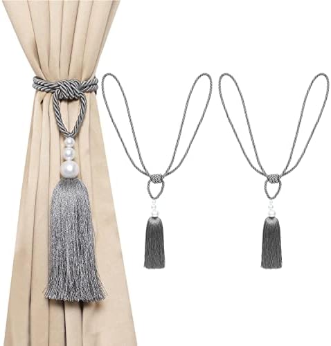 2 Pack Pearl Curtain Tiebacks with Tassels - Gray