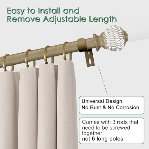 Adjustable Curtain Rods 1 Inch Diameter with Wood Grain Finials