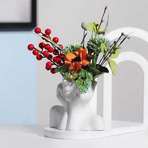 BrownLove Ceramic Face Vase with White Flower Design