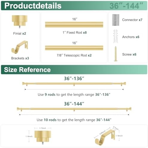 HEI DEAR Gold Curtain Rods 72-144 Inch