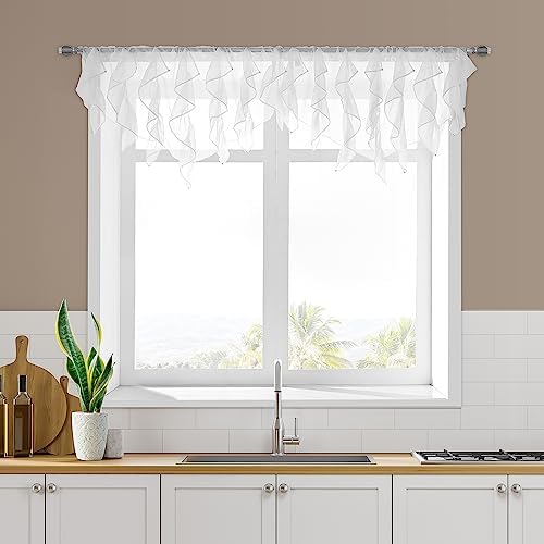 PearAge Ruffled Voile Semi Sheer Curtain Valance 52x26 Inches White-Triangle