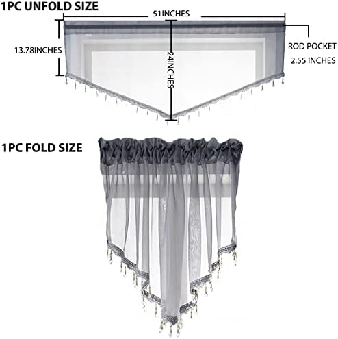 Beaded Sheer Curtain Valance for Bedroom Living Room 51x24 Inches Grey 1PC