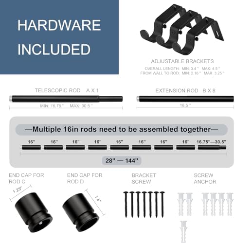 Byondeth Heavy Duty Adjustable Window Curtain Rod with Aluminum Finials Set Black