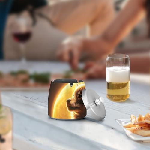Golden Moon Wolf Print Stainless Steel Ashtray with Lid