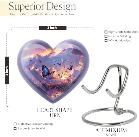 Twilight Butterflies Small Heart Urn - Purple Cremation Keepsake for Human Ashes