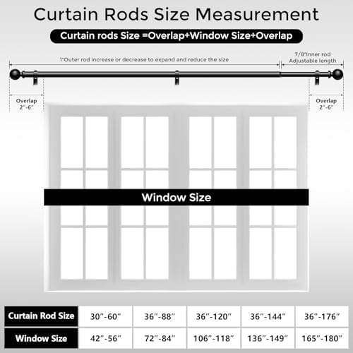 2 Pack Black Curtain Rods 48 to 84 Inch Adjustable Heavy Duty