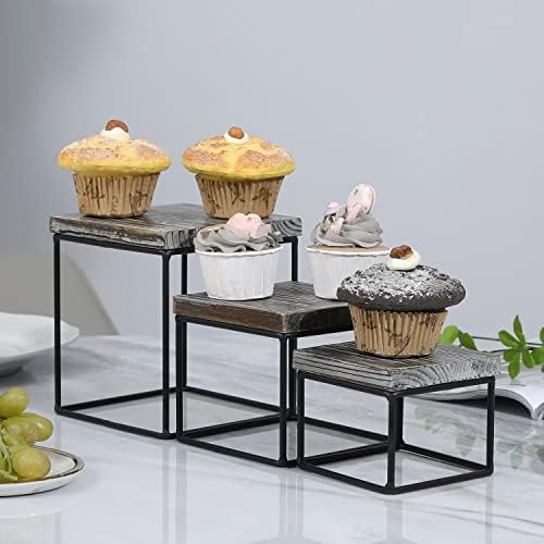 MyGift Rustic Torched Wood Cupcake Stand Risers Set