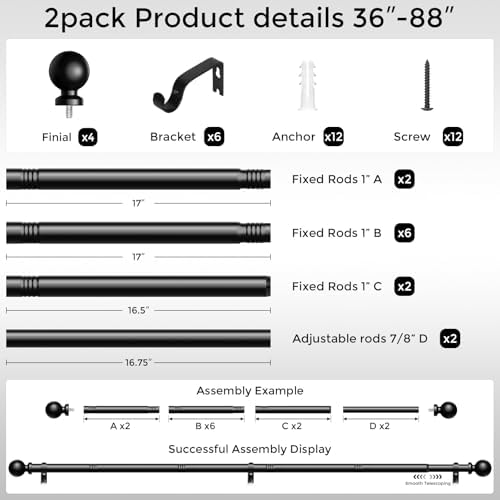 2 Pack Black Curtain Rods 48 to 84 Inch Adjustable Heavy Duty
