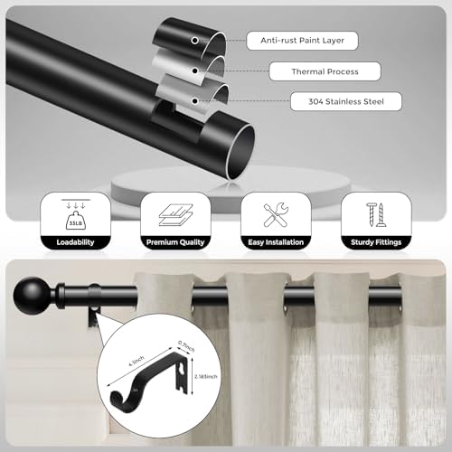 2 Pack Black Curtain Rods 48 to 84 Inch Adjustable Heavy Duty