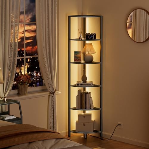 Furnulem 6 Tier Corner Shelf with LED Light Black