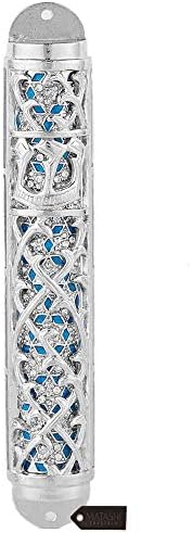 Matashi Hand Painted Enamel Mezuzah with Hebrew Shin and Crystals