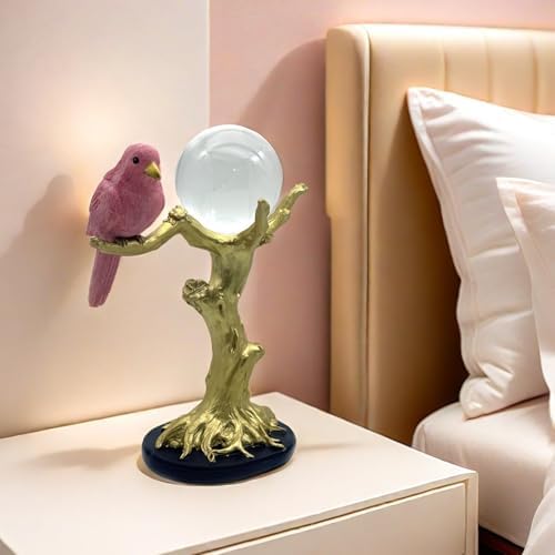 Pink Resin Bird on Tree Branch with Crystal Glass Ball Statue