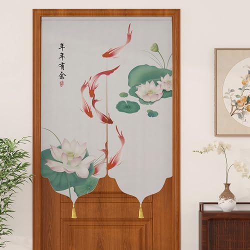 Chinese Lotus Door Curtain with Tassel Telescopic Rod Flexible and Thin