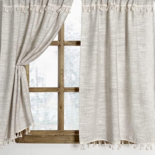 Boho Tassel Kitchen Curtains 2 Panels Natural 36 Inch Length