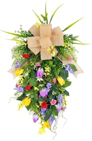 Tulips Teardrop Swag with Burlap Bow and Greenery