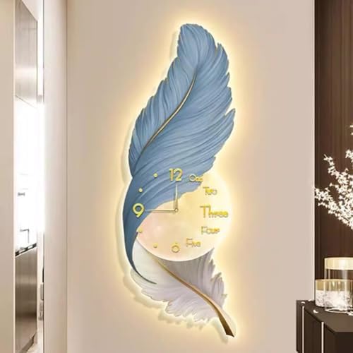 Modern Feather Wall Clock Art Decor Blue 43x120cm