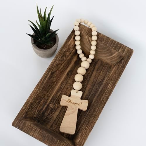 RUIRUICO Wood Bead Garland with Cross and Tassel