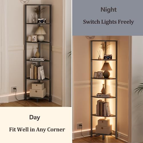 Furnulem 6 Tier Corner Shelf with LED Light Black