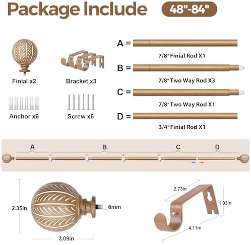KAMANINA 1 Inch Adjustable Wooden Curtain Rods 48-84 Inch