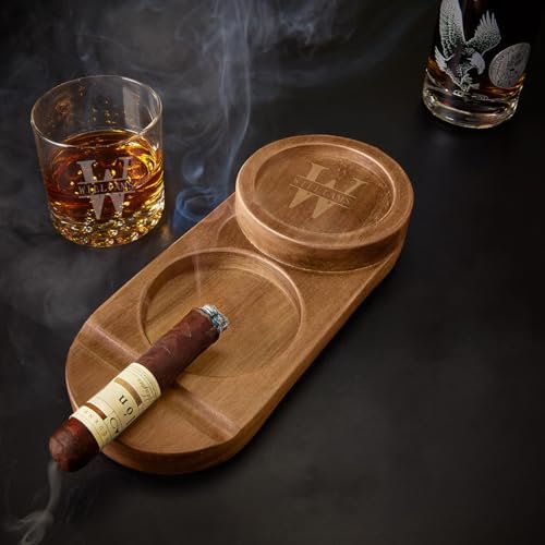 Wooden Cigar Tray with Personalized Engraving Dual Rests and Ashtray