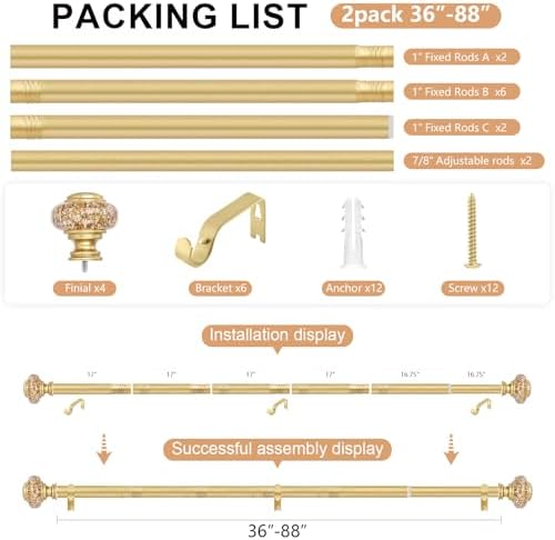 2 Pack Gold Curtain Rods for Windows 48-84 Inch Farmhouse Style