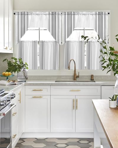 Grey White Stripes Swag Curtains 3 Piece Set for Kitchen Living Room