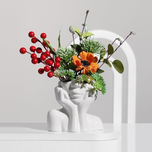 BrownLove Ceramic Face Vase with White Flower Design