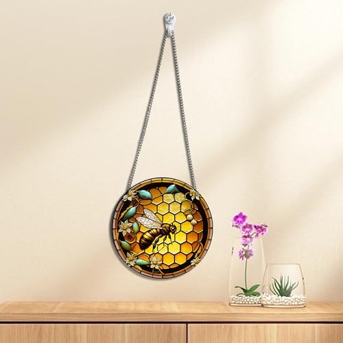 HOTIYOK Retro Yellow Hive Stained Glass Window Decor with Chain