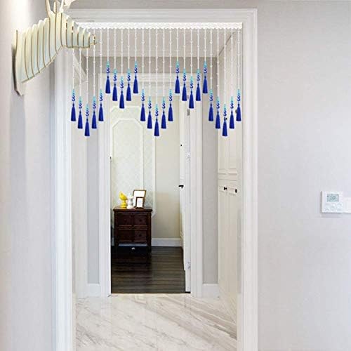 OKUOKA 25 Strands Beaded Door Curtain Blue Tassel Crystal Partition