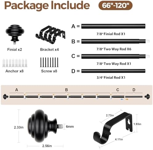 KAMANINA Adjustable Heavy Duty Curtain Rods Black 32-120 Inch Set