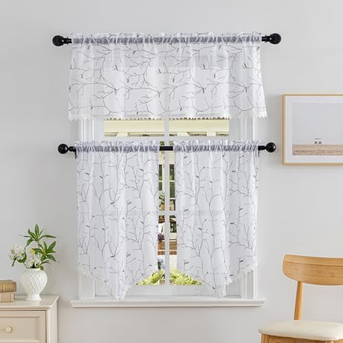 Beda Home Tassel Embroidery Sheer Curtain Valance - Grey 26x24 1 Pair