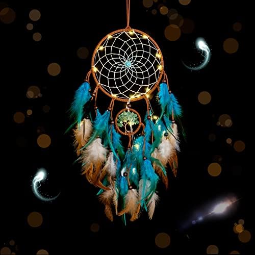 Dream Catcher with Blue Tree of Life and Feathers