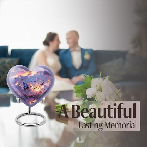 Twilight Butterflies Small Heart Urn - Purple Cremation Keepsake for Human Ashes