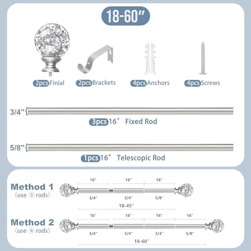 Silver Crystal Curtain Rods 18-60 Inches Adjustable