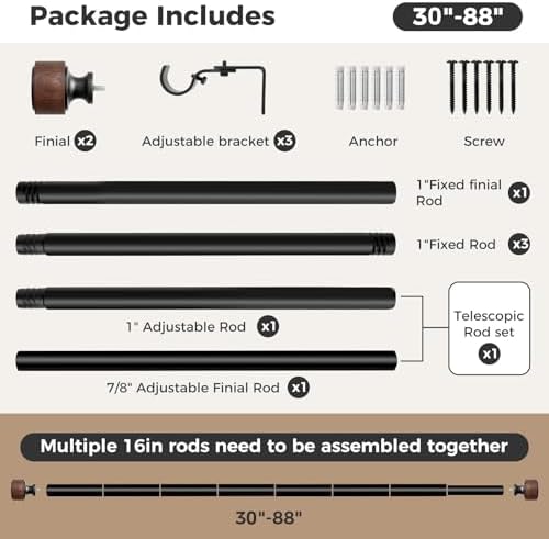 MARHSIPE Wood Curtain Rods 30-88 Inch 1 Diameter Heavy Duty Rod Set