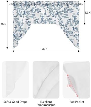 Blue Leaves Swag Valance Kitchen Curtains 56x36