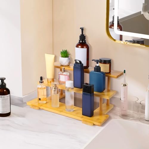 3 Tier Bamboo Display Rack Bathroom Counter Kitchen Organizer Perfume Cosmetic Organizer