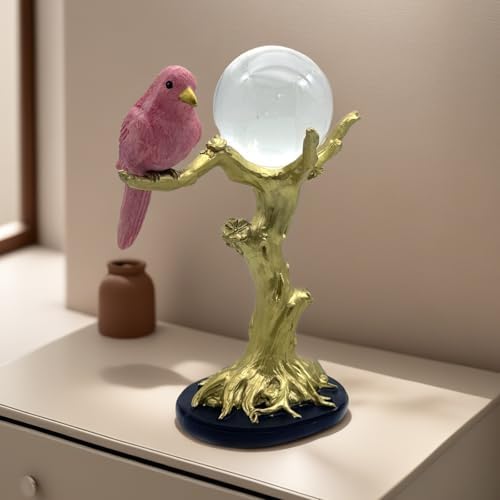 Pink Resin Bird on Tree Branch with Crystal Glass Ball Statue