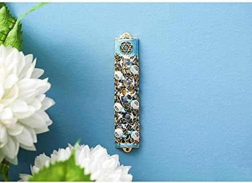Matashi 35 Inch Hand Painted Mezuzah with Scroll and Blue Crystals