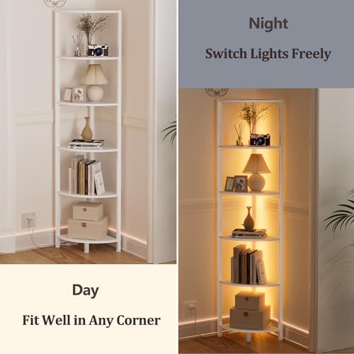 Furnulem 6 Tier Corner Shelf with LED Light White